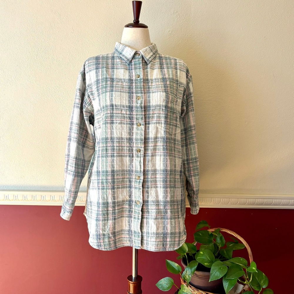 Vintage Lemon Grass Textured Cotton Button Down Top White Green Plaid 1X Cottage